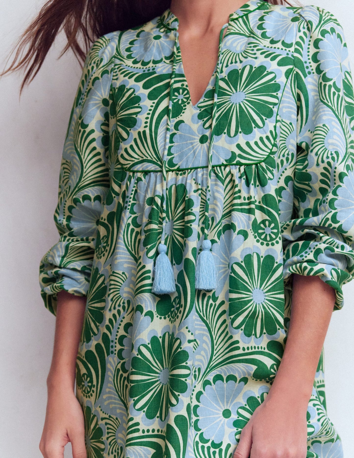 Pia Linen Yoke Tassel Dress-Blue Euphoric Garden