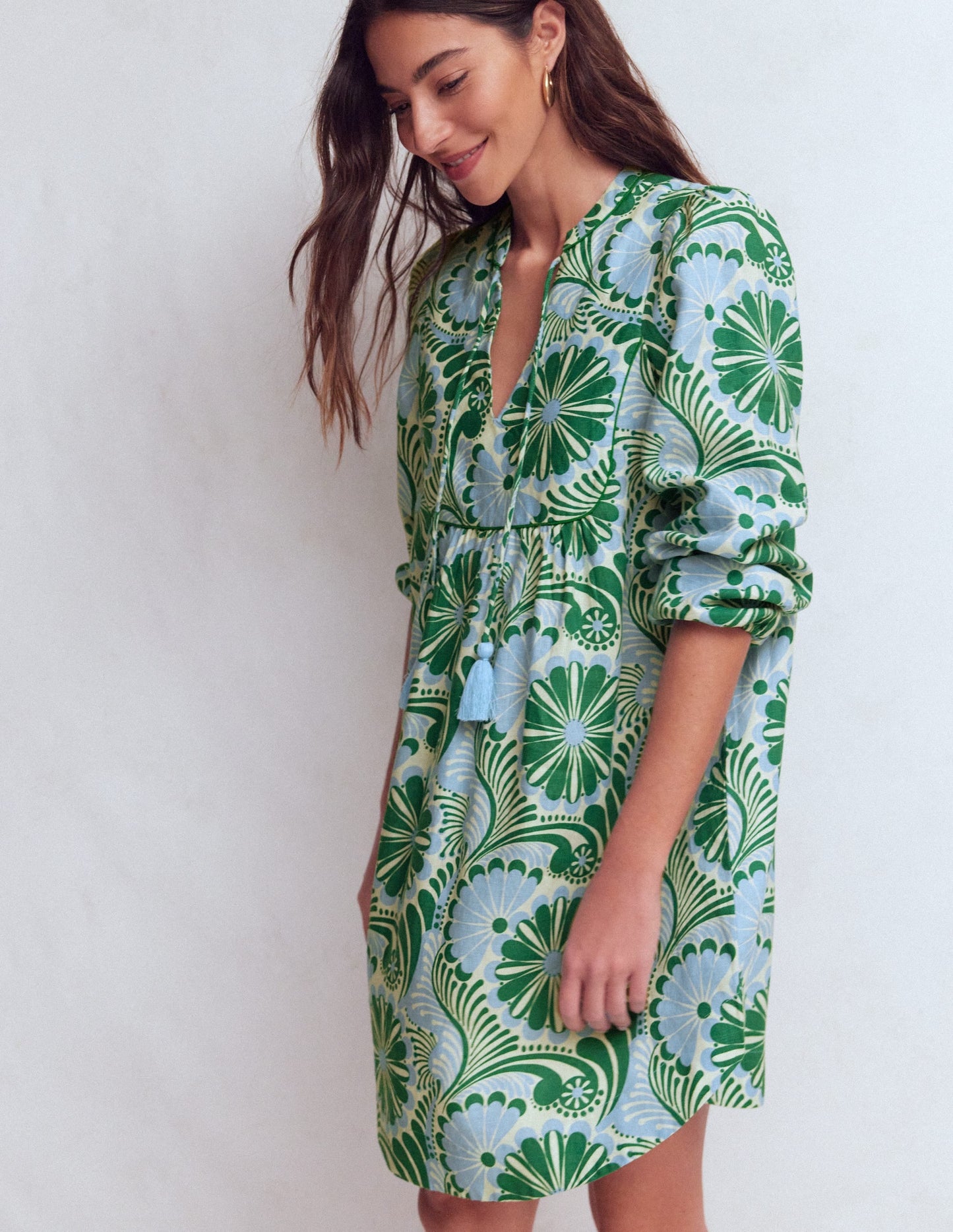 Pia Linen Yoke Tassel Dress-Blue Euphoric Garden