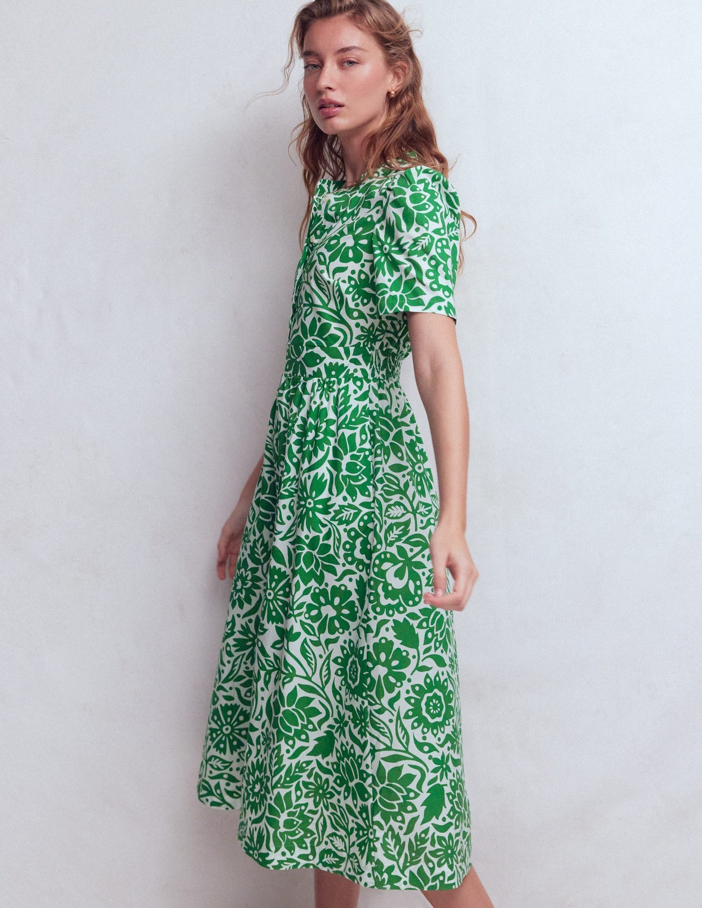Ivy Button Cotton Midi Dress-Verdant Green, Meadow Scatter