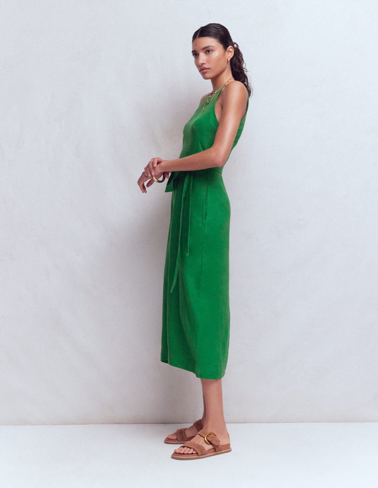 Rosa Halter Linen Midi Dress-Amazon Green