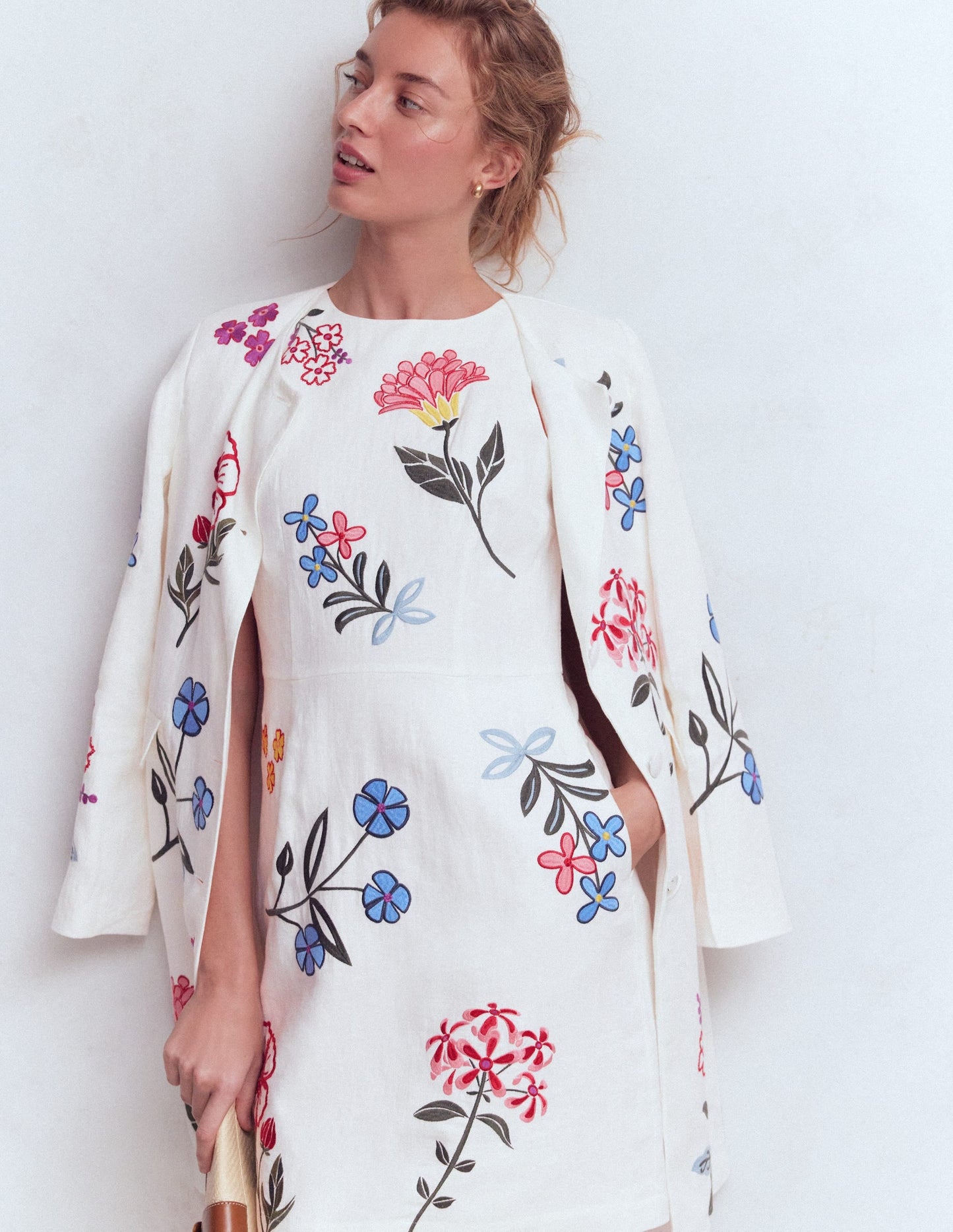 Occasion Short Linen Dress-White Embroidery