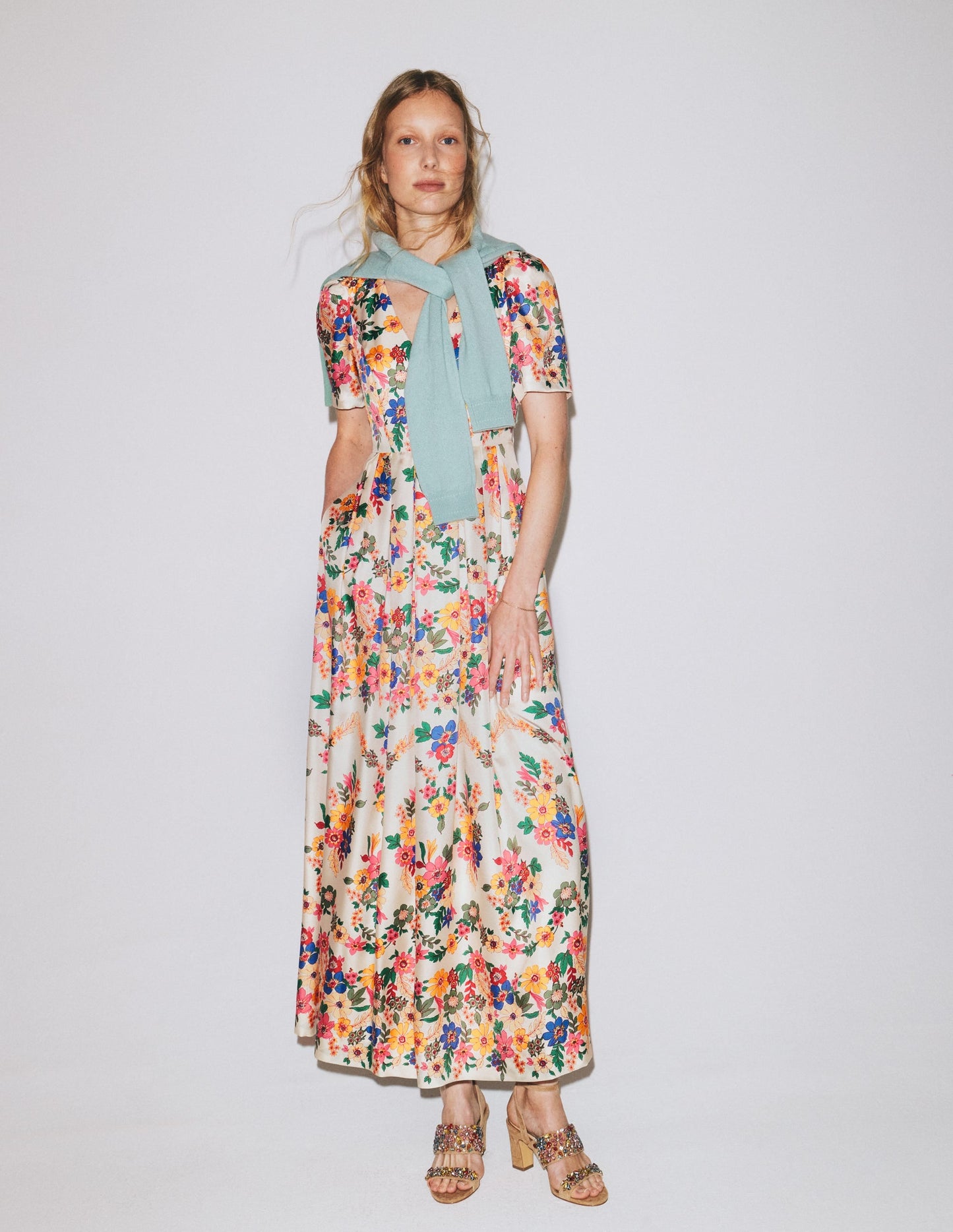 Pleat V-neck Dress-Multi Meadow Flowers