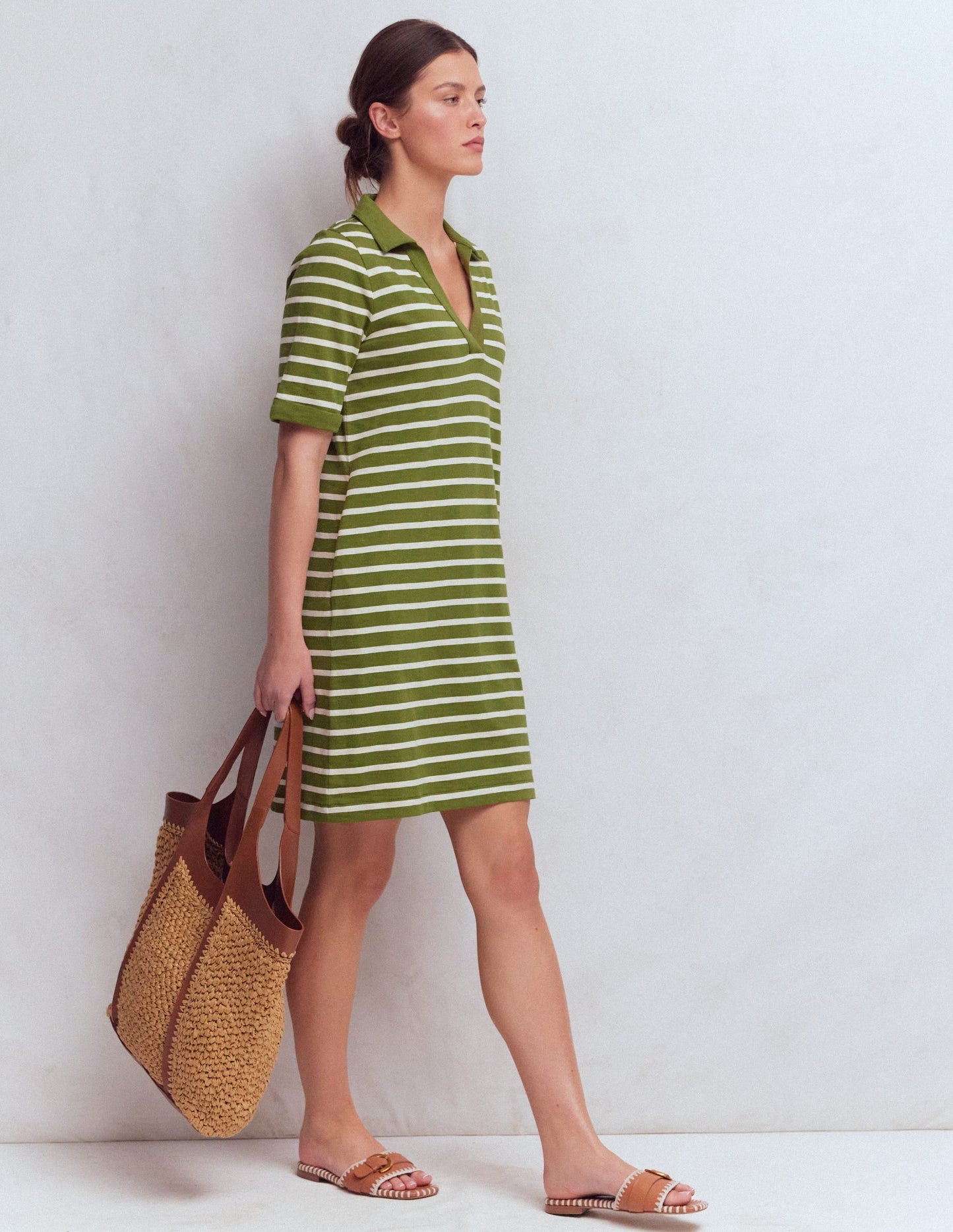 Tilda Jersey T-shirt Dress-Olive and Ivory Stripe