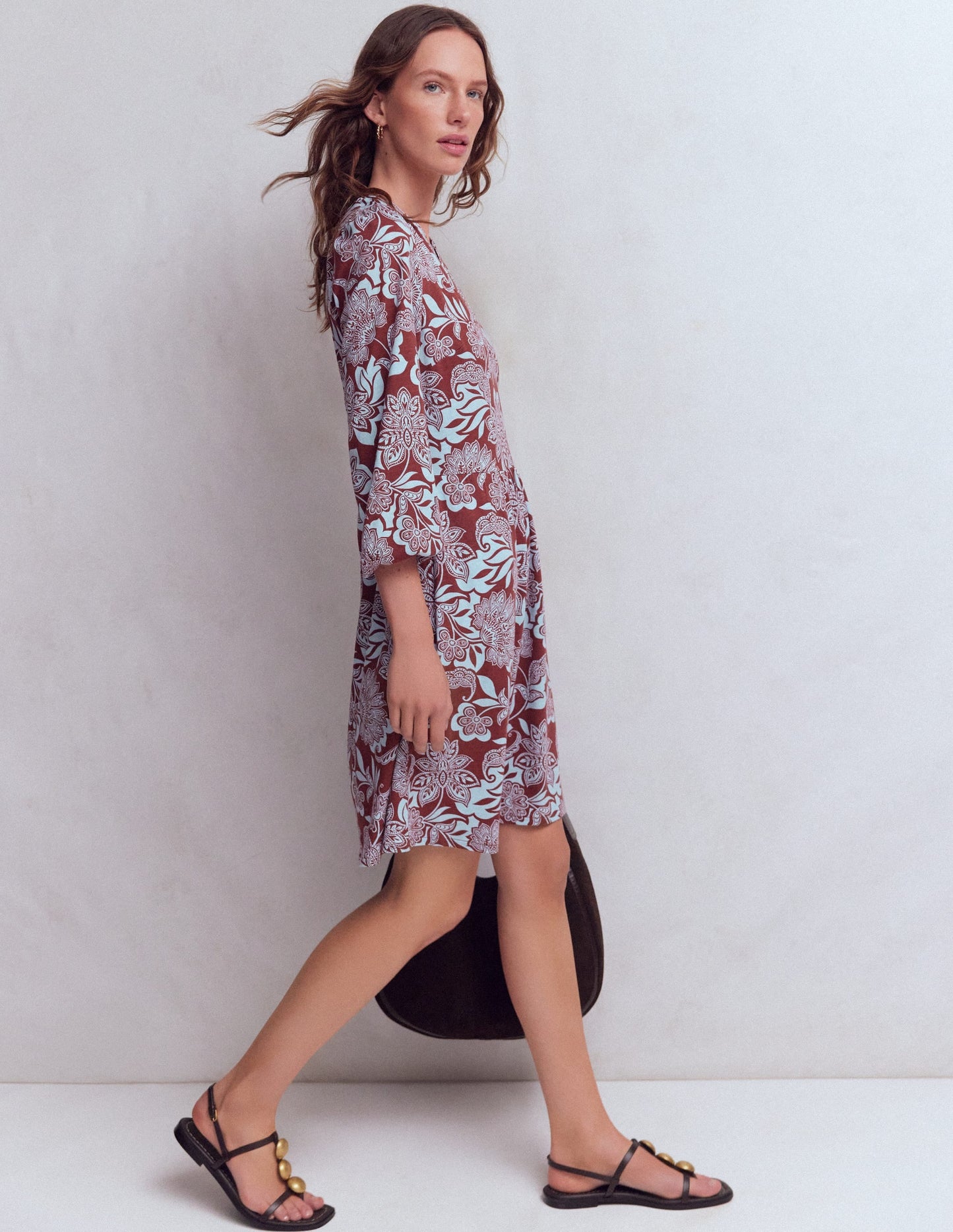 Cathy Notch Neck Jersey Dress-Roasted Brown, Elegant Blossom