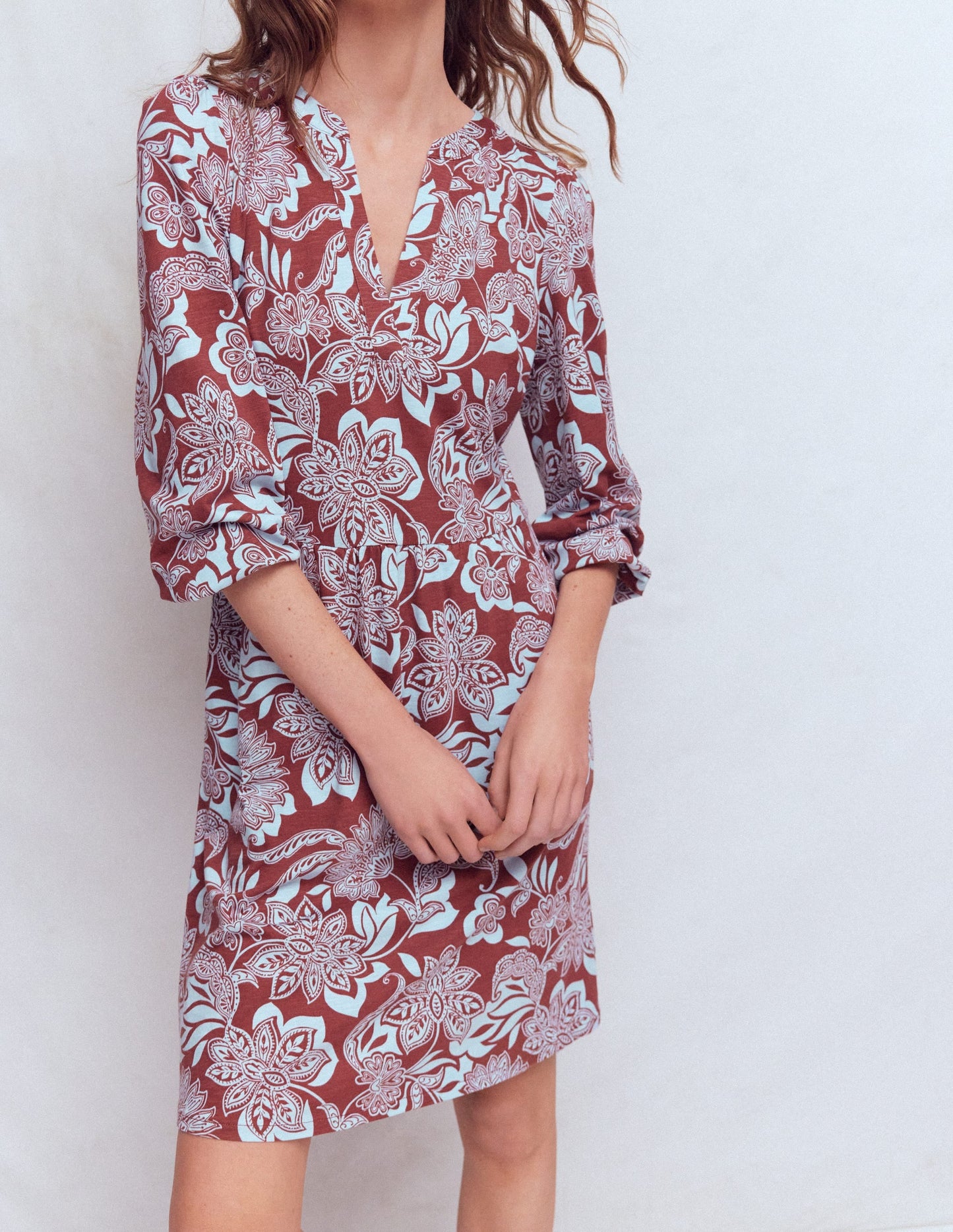 Cathy Notch Neck Jersey Dress-Roasted Brown, Elegant Blossom