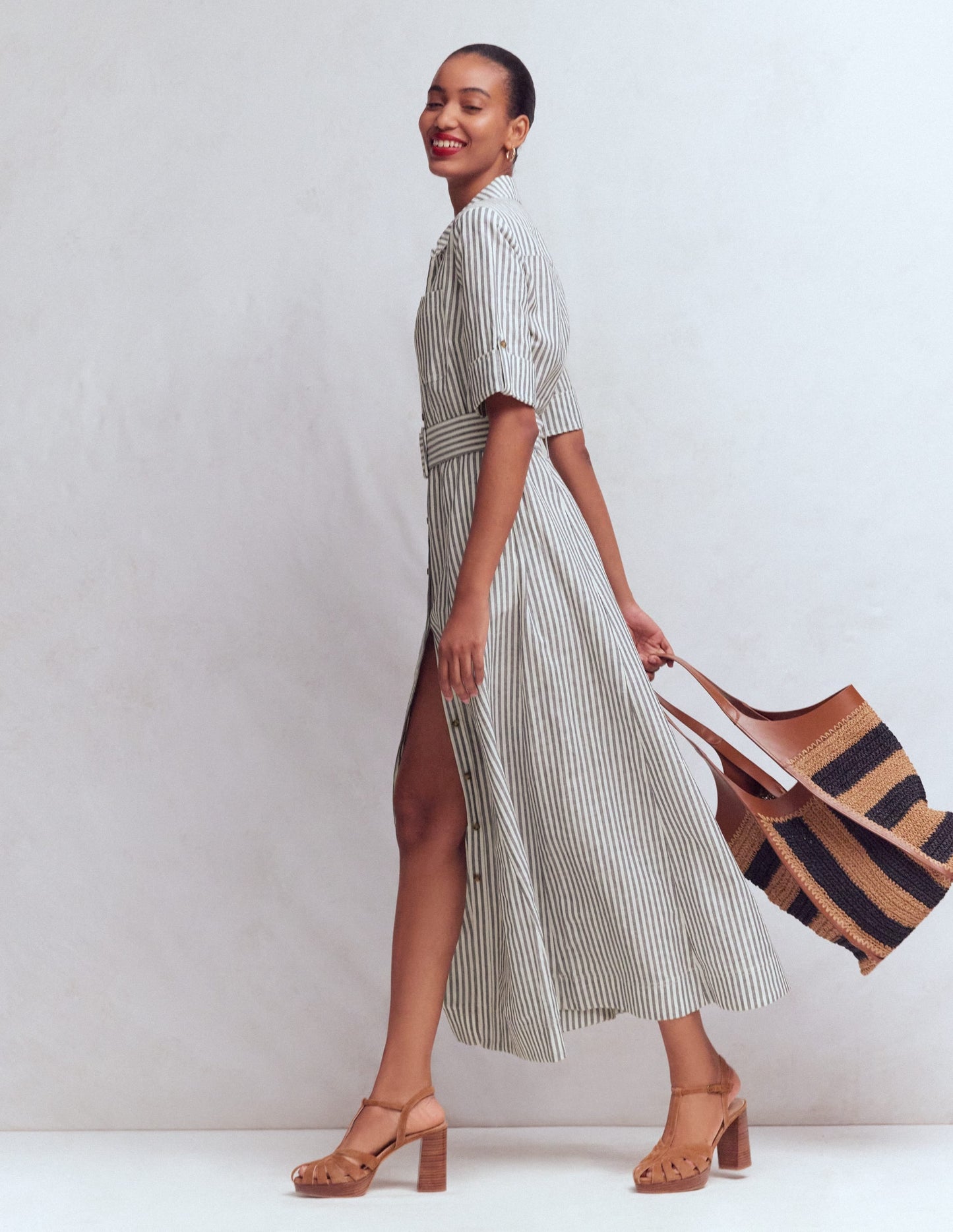 Ora Linen Blend Shirt Dress-Navy Ivory Stripe