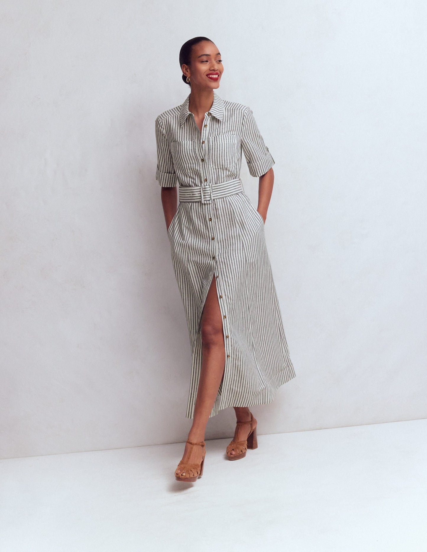 Ora Linen Blend Shirt Dress-Navy Ivory Stripe