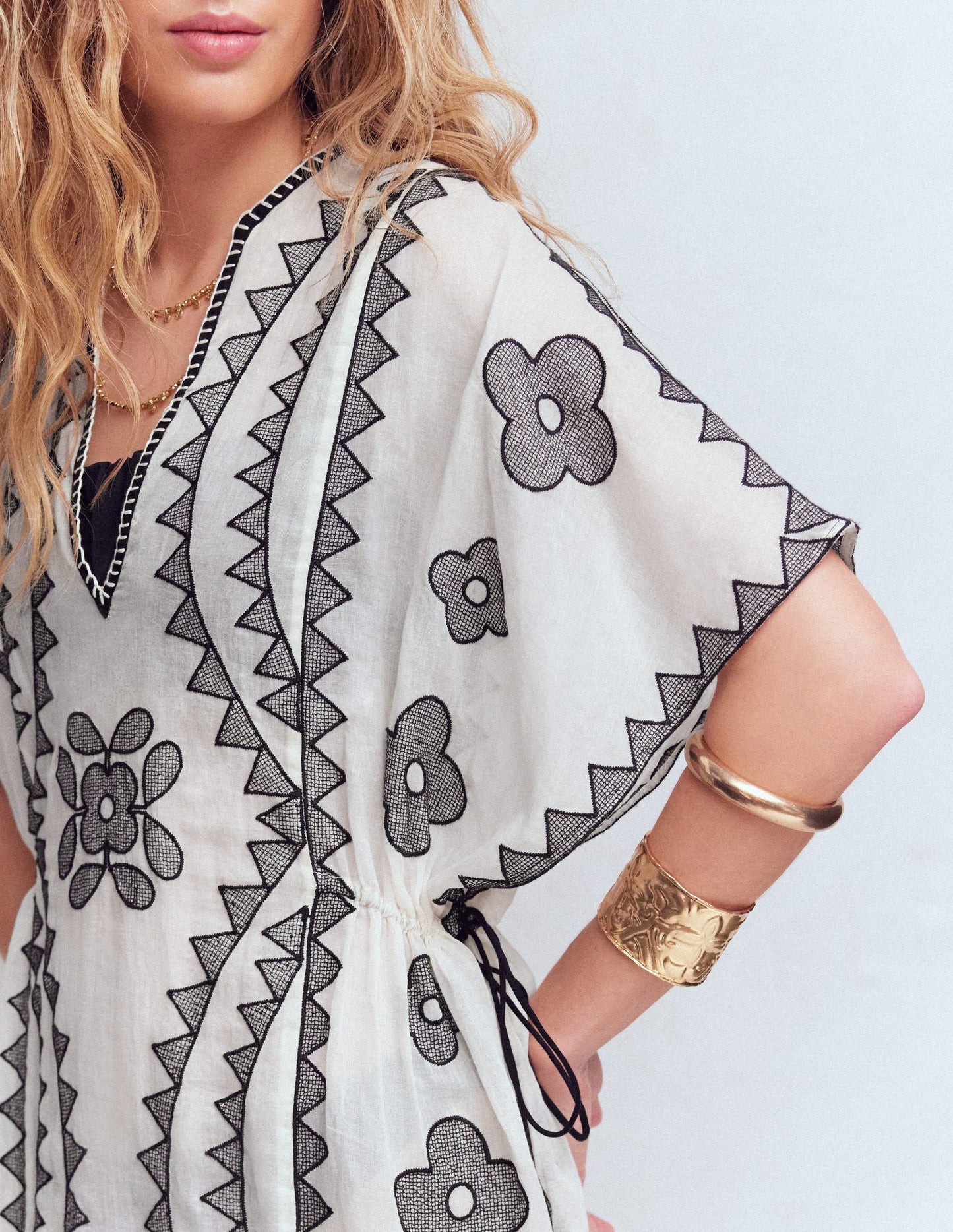 Side Tie Kaftan Dress-White Black Embroidered