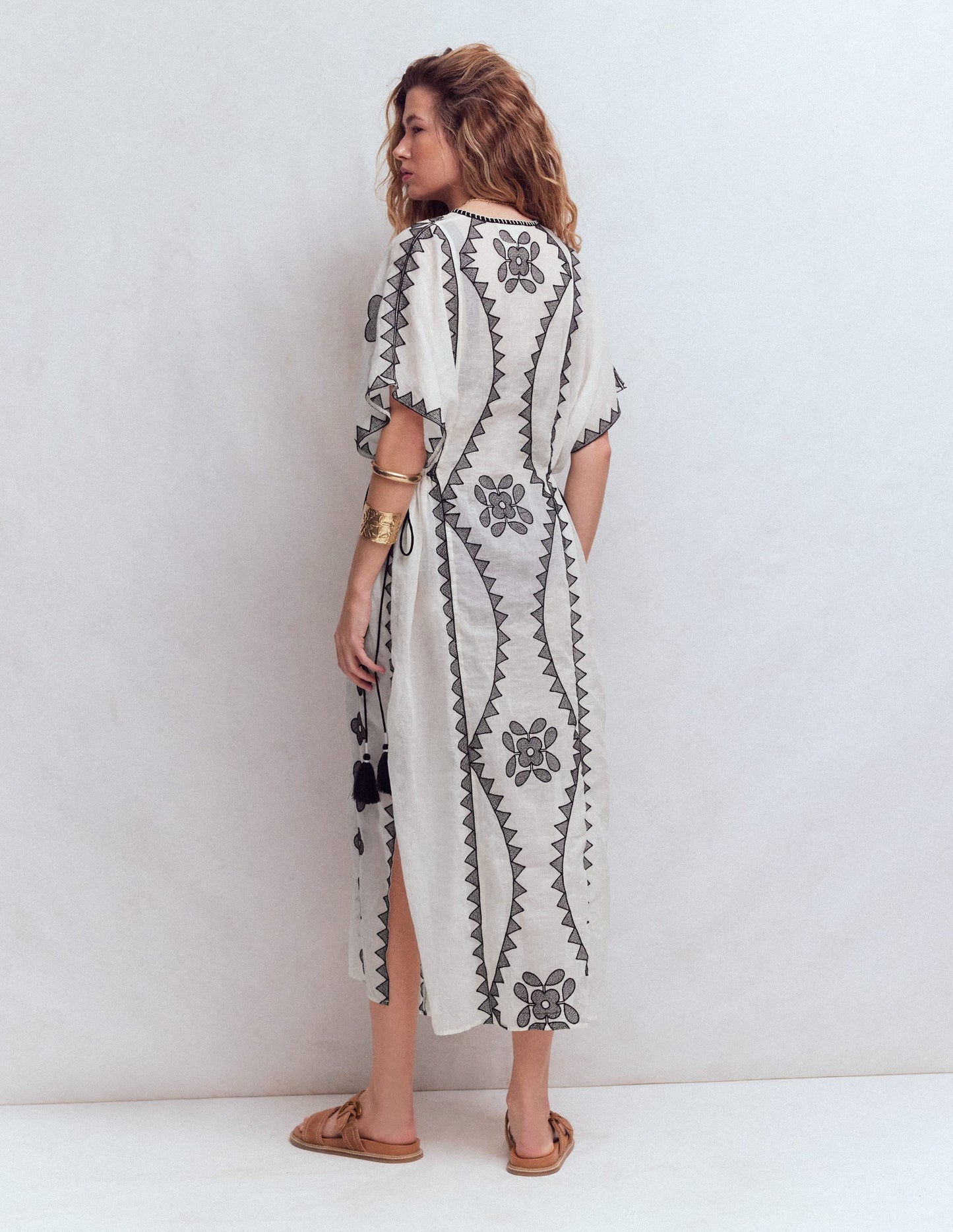 Side Tie Kaftan Dress-White Black Embroidered