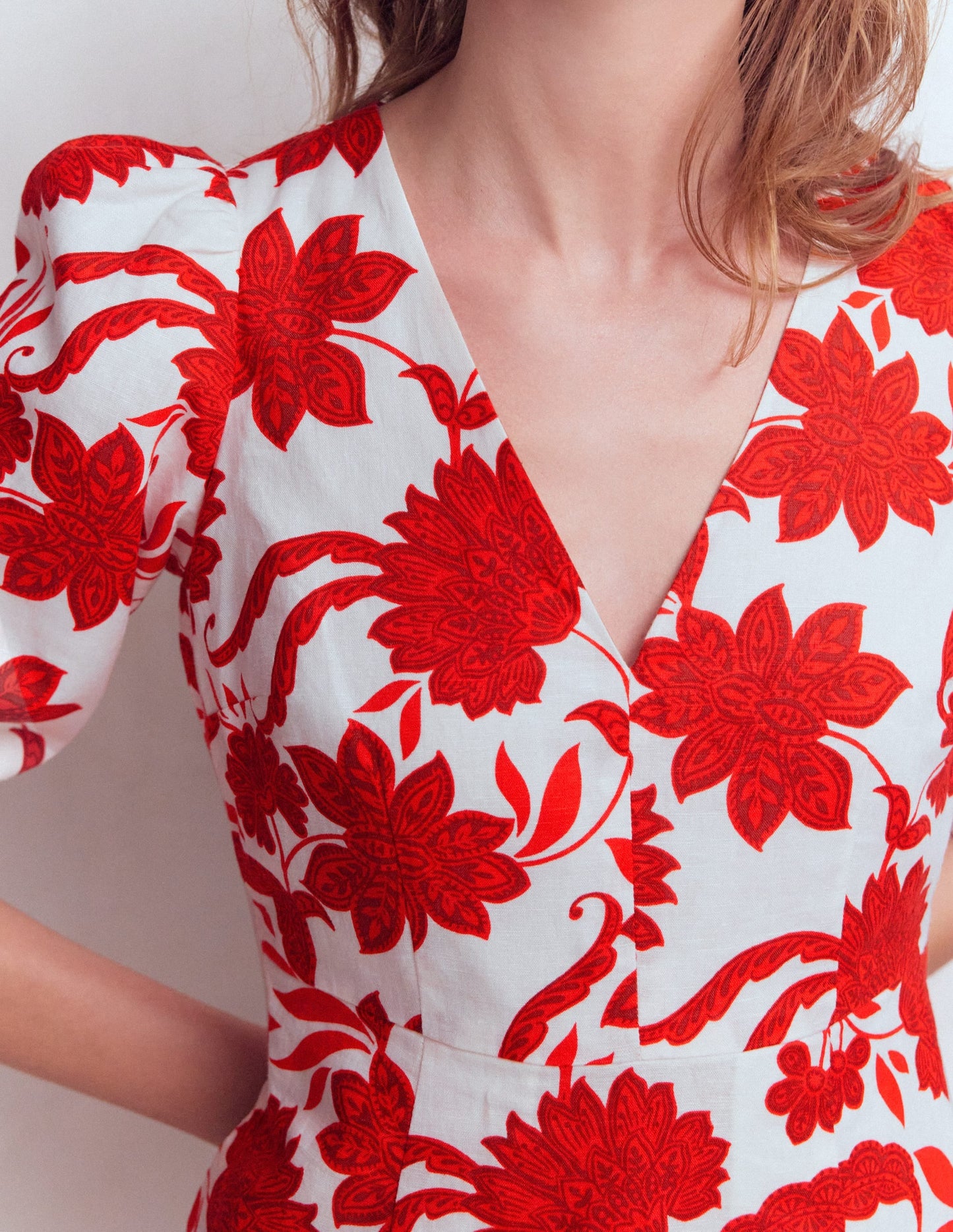 Marla Linen Blend Short Dress-Red Elegant Blossom