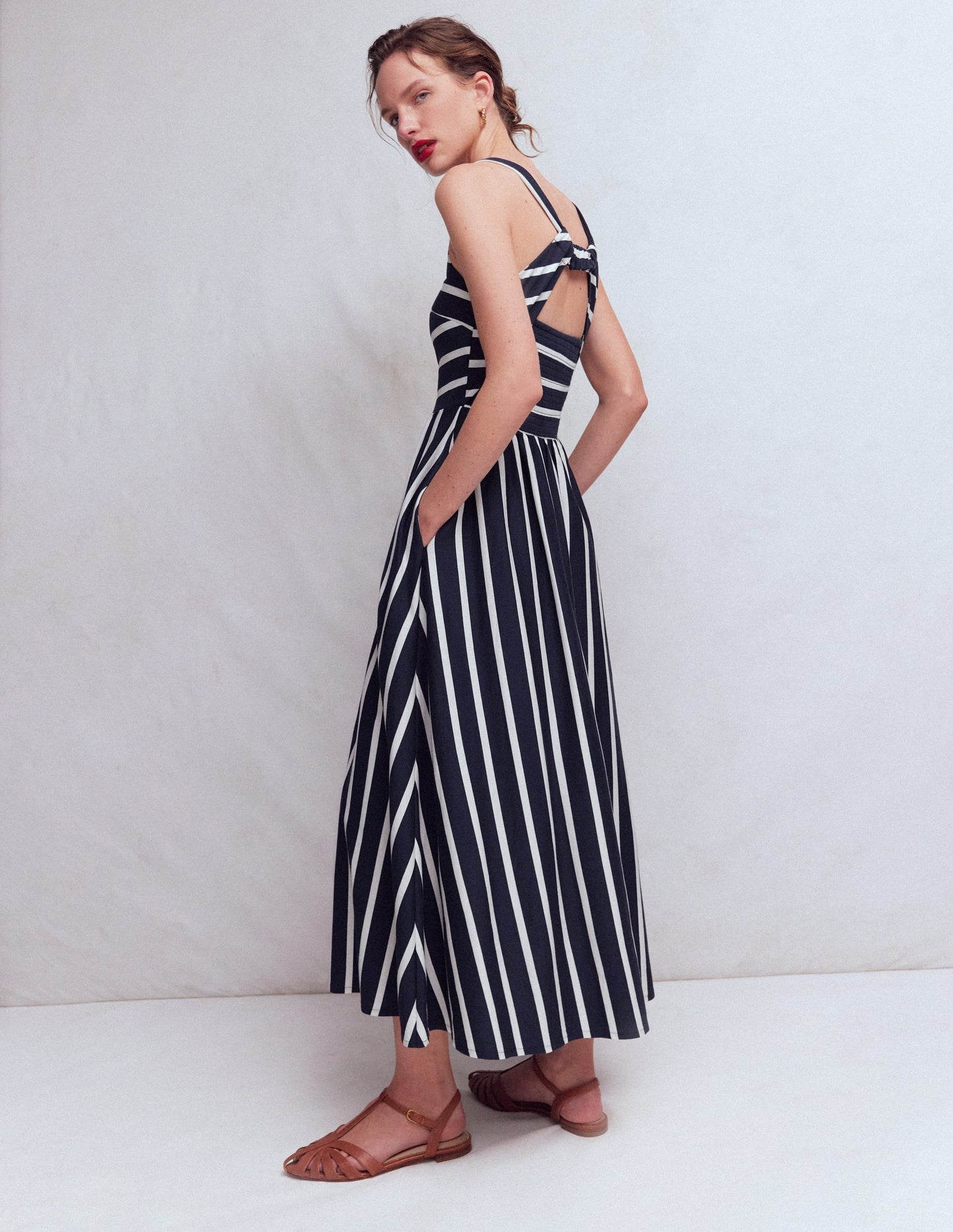 Saoirse Smock Back Dress-Navy, Ivory Stripe