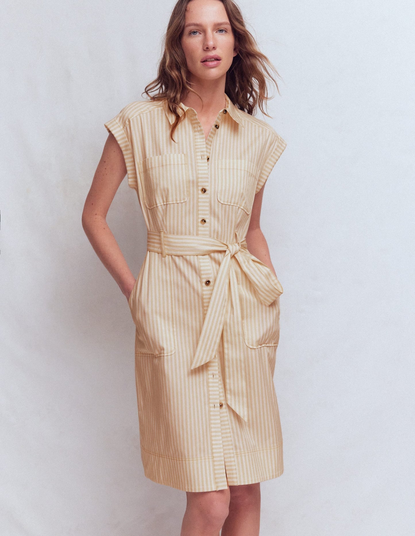 Short Belted Shirt Dress-Brown, Ivory Ticking Stripe