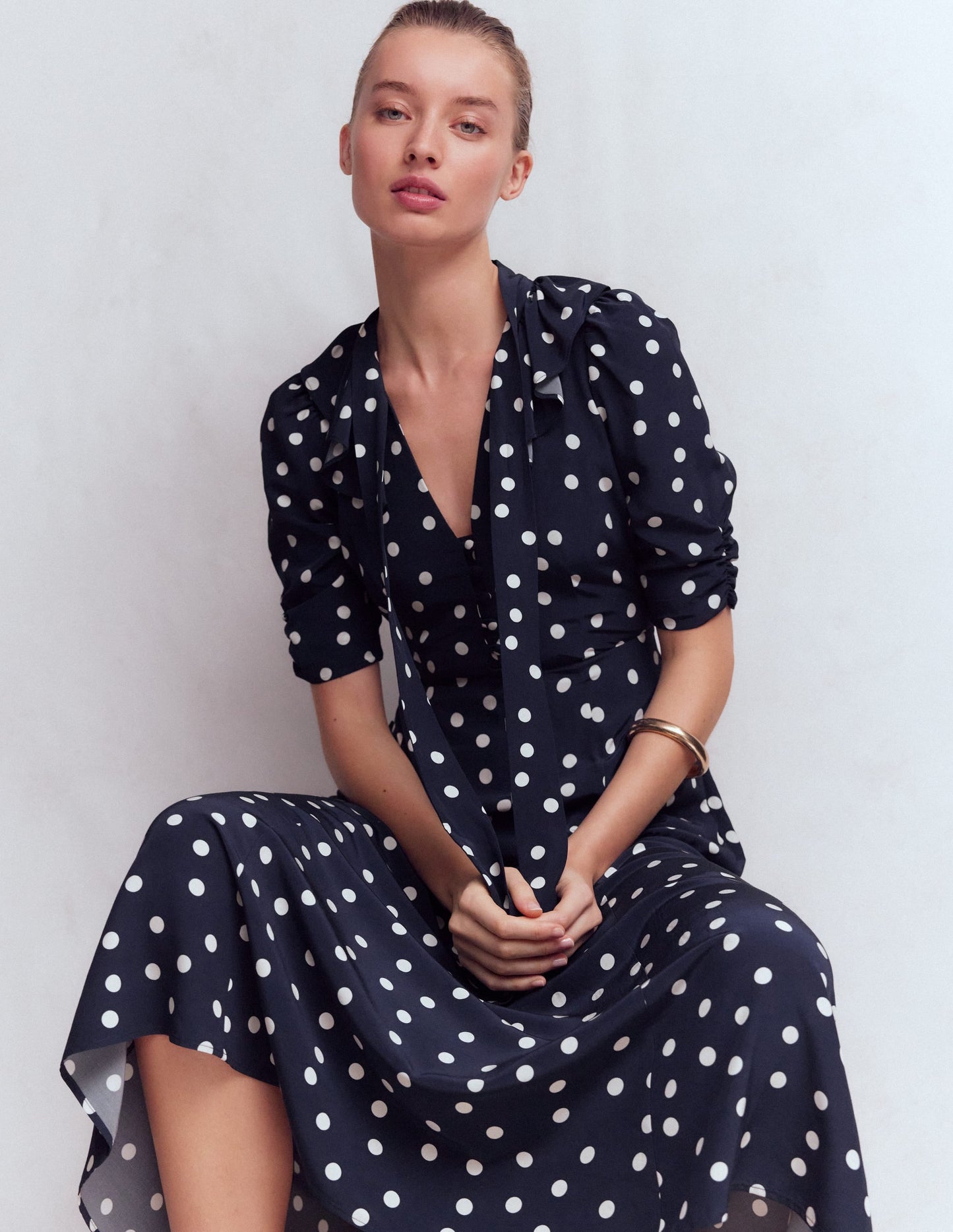 Ruffle Collar Midi Dress-French Navy Painted Spaced Dot