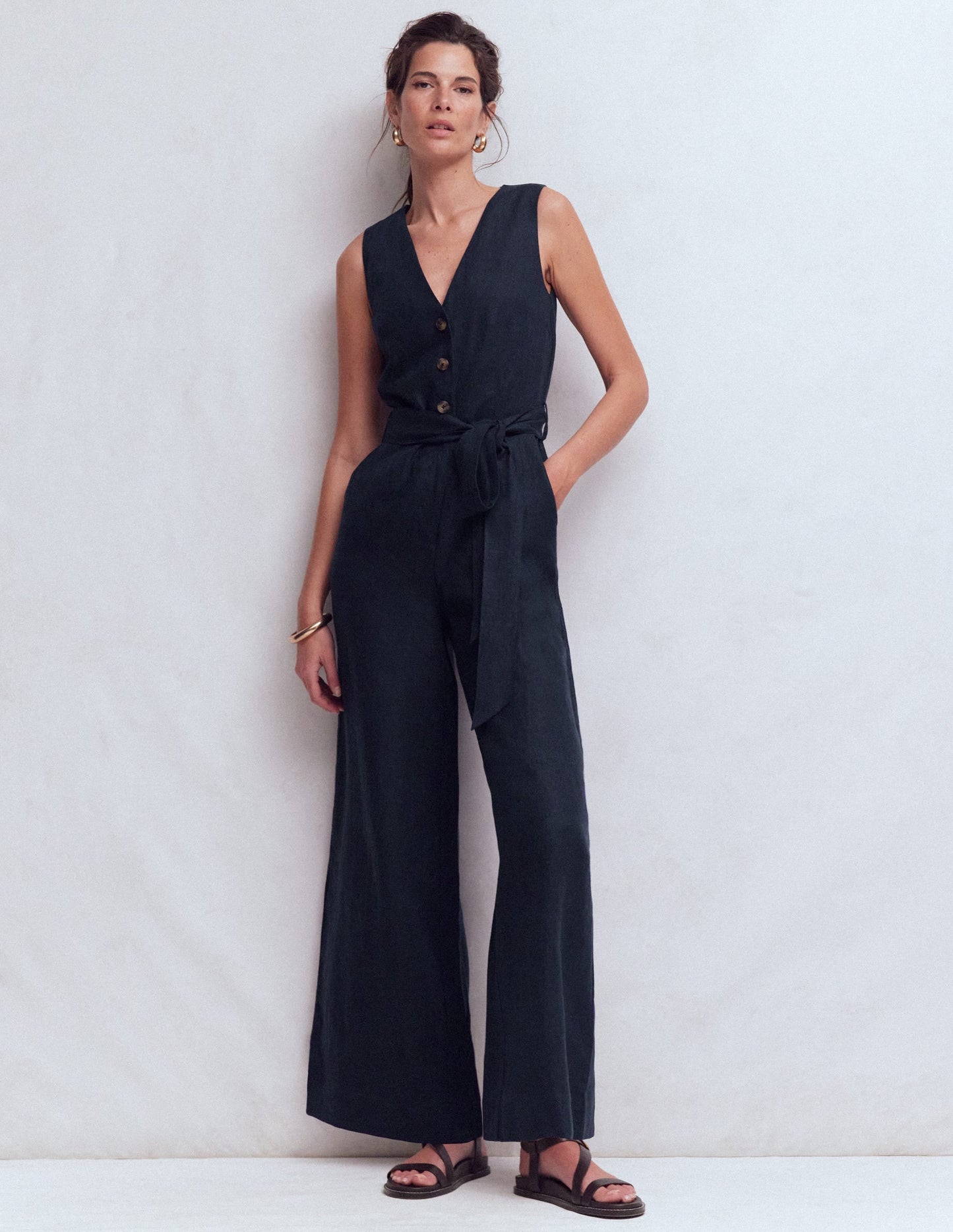 Laura V-neck Linen Jumpsuit-Navy