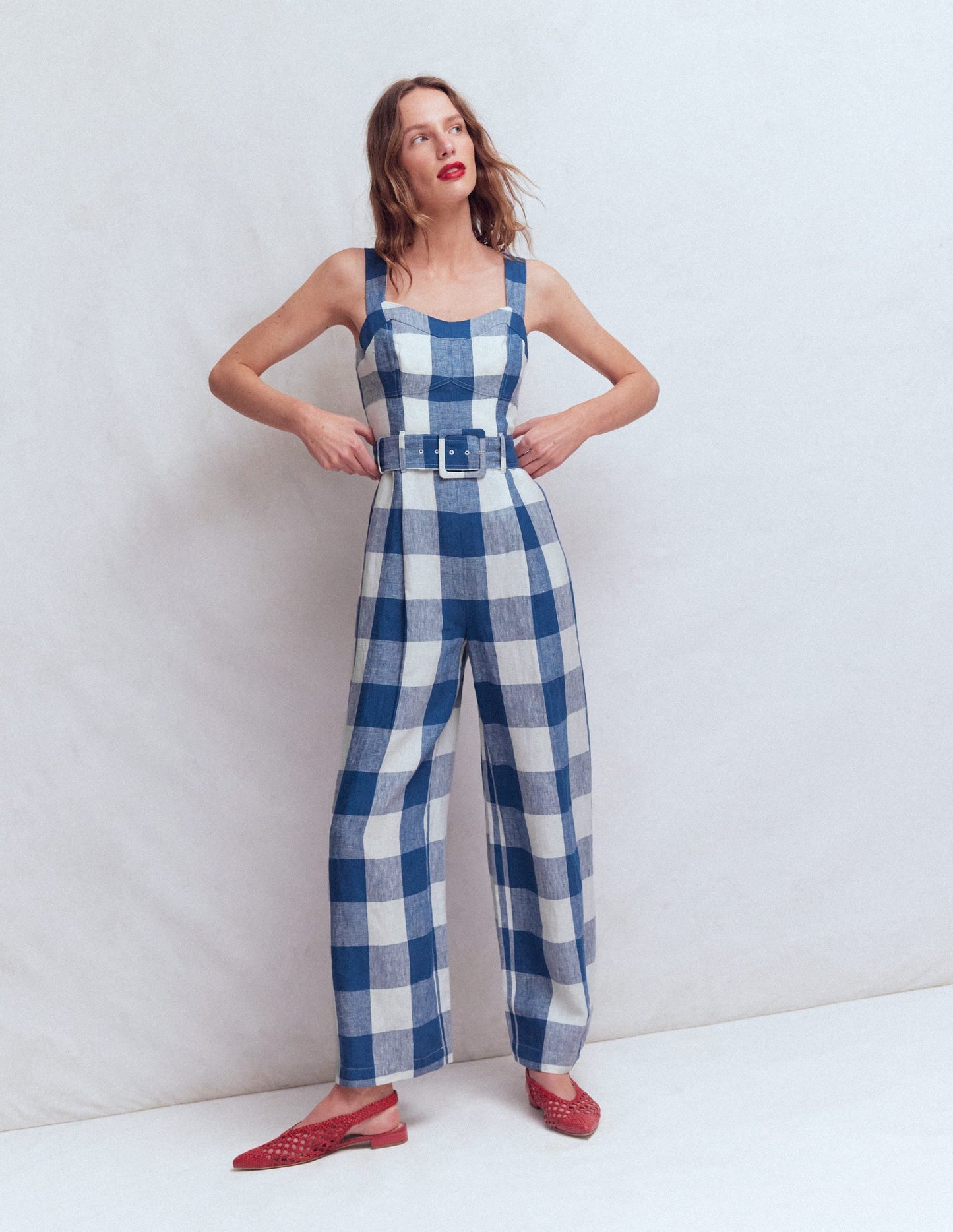 Panelled Bodice Linen Jumpsuit-Denim Blue Gingham