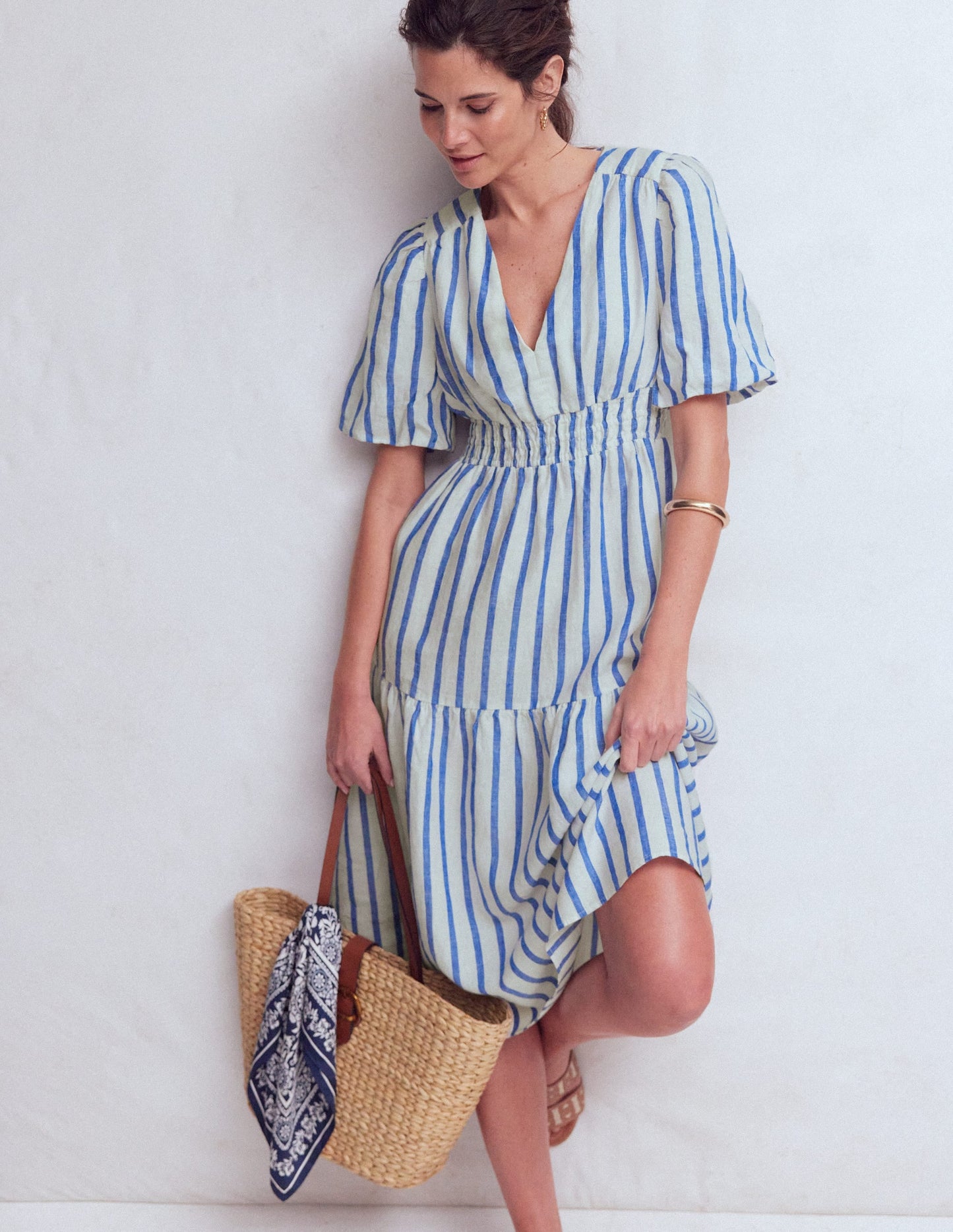 Irene Linen Midi Dress-Blue Stripe