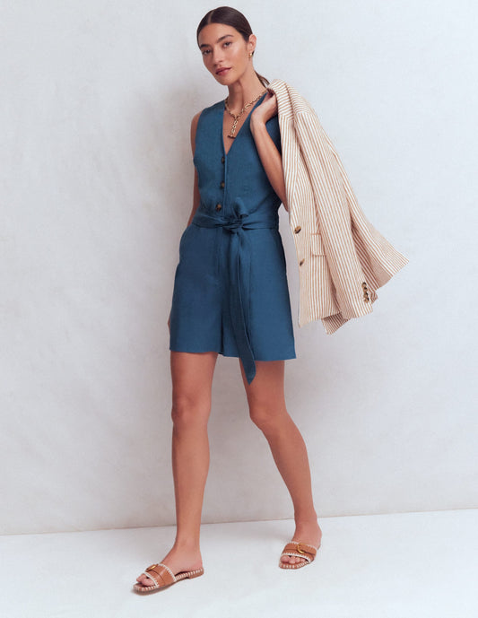 Laura V-neck Linen Playsuit-Tourmaline Blue