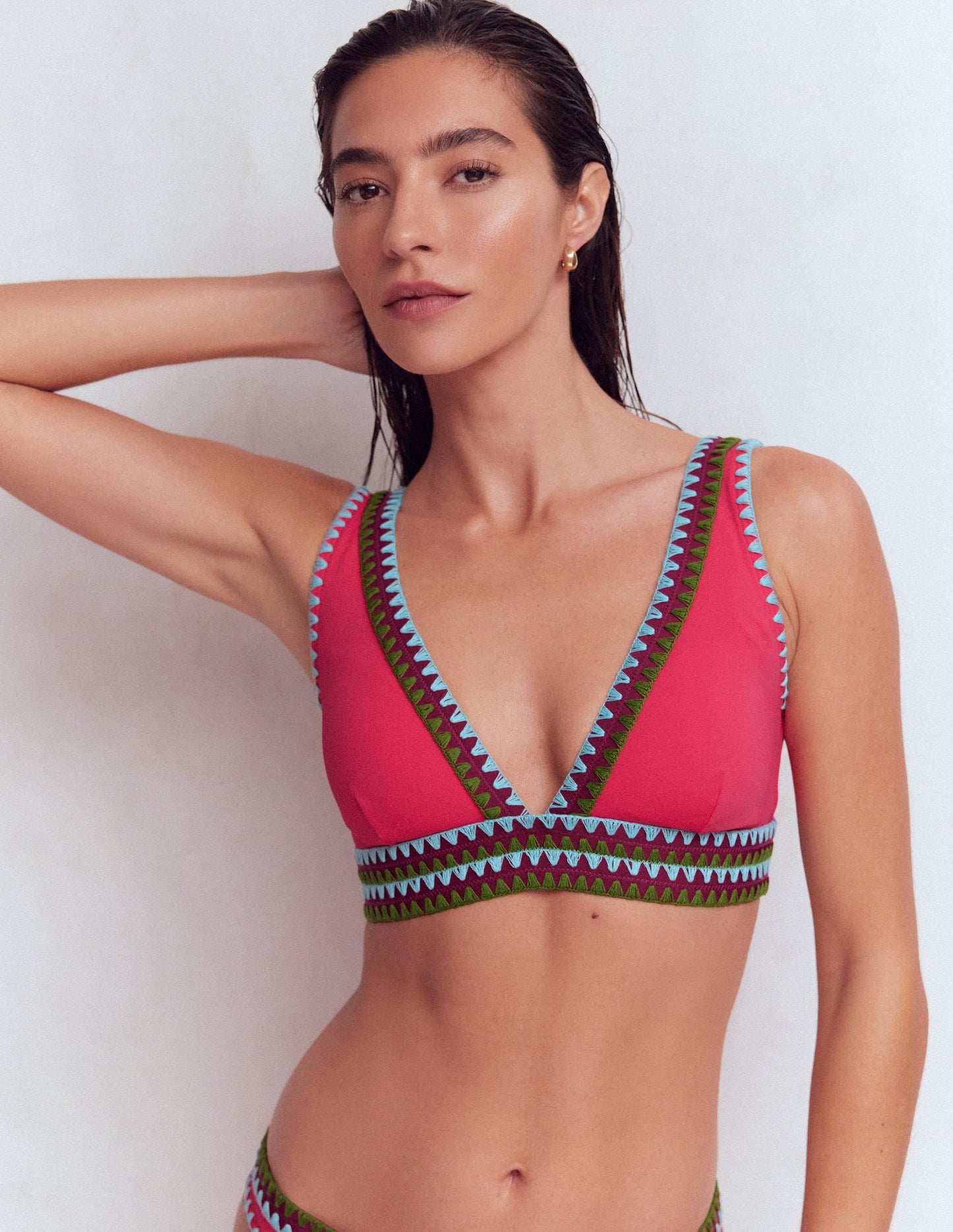 Porto V-neck Bikini Top-Rosy, Embroidery