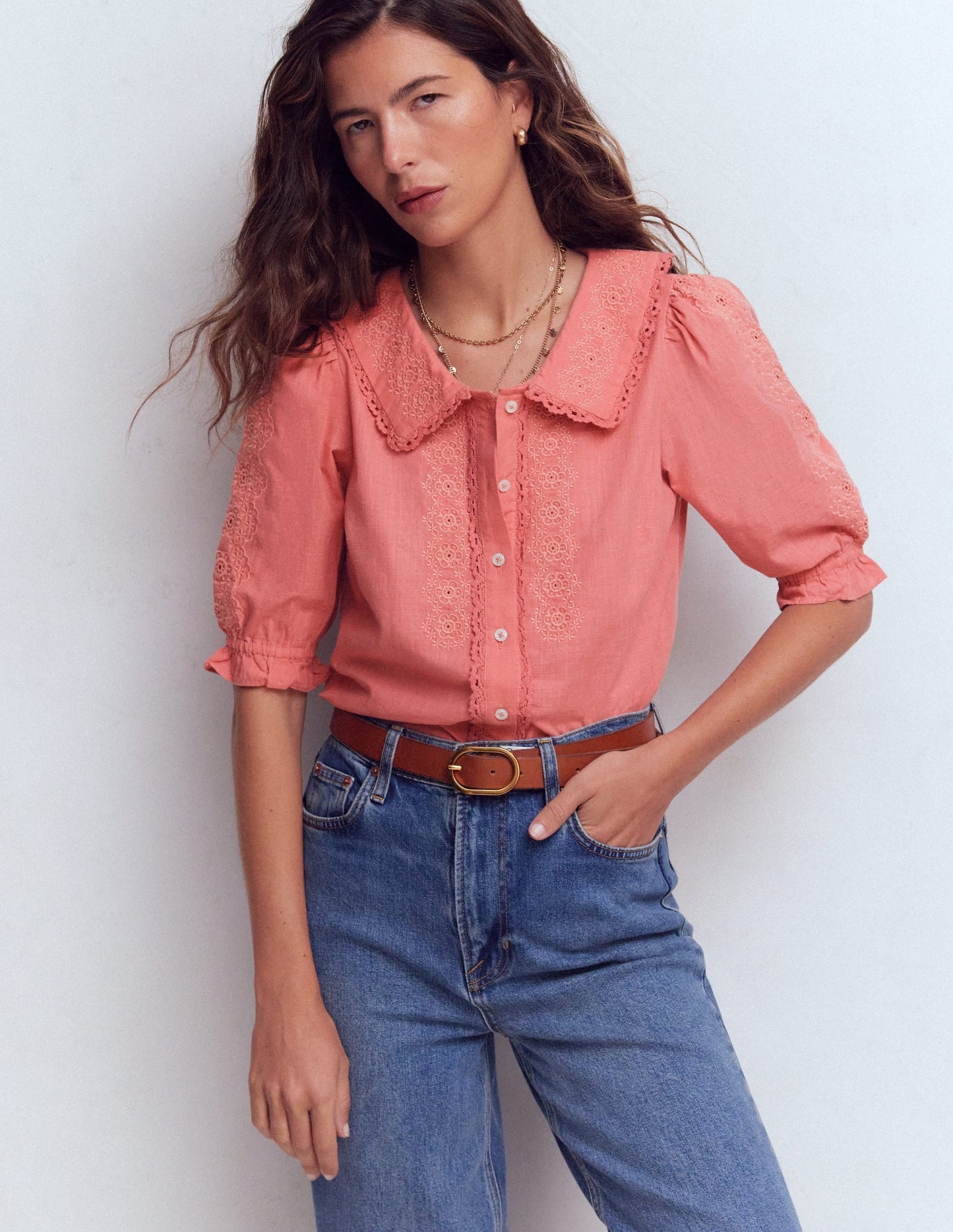 Short Sleeve Pretty Collar Top-Vintage Rose