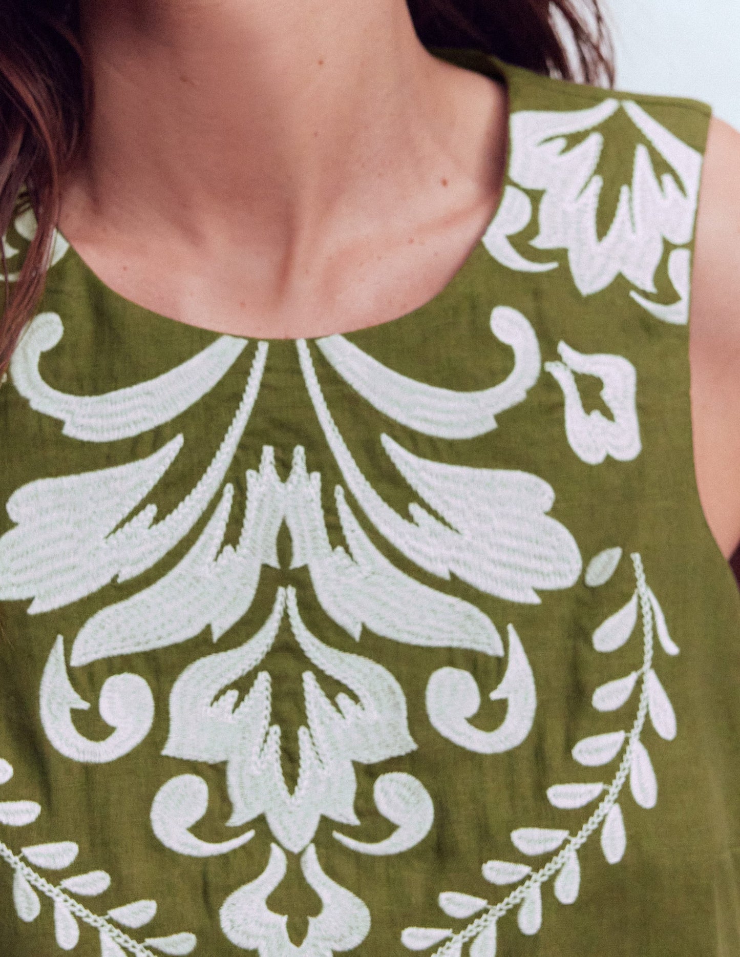 Sofia Embroidered Linen Top-Woodland Green