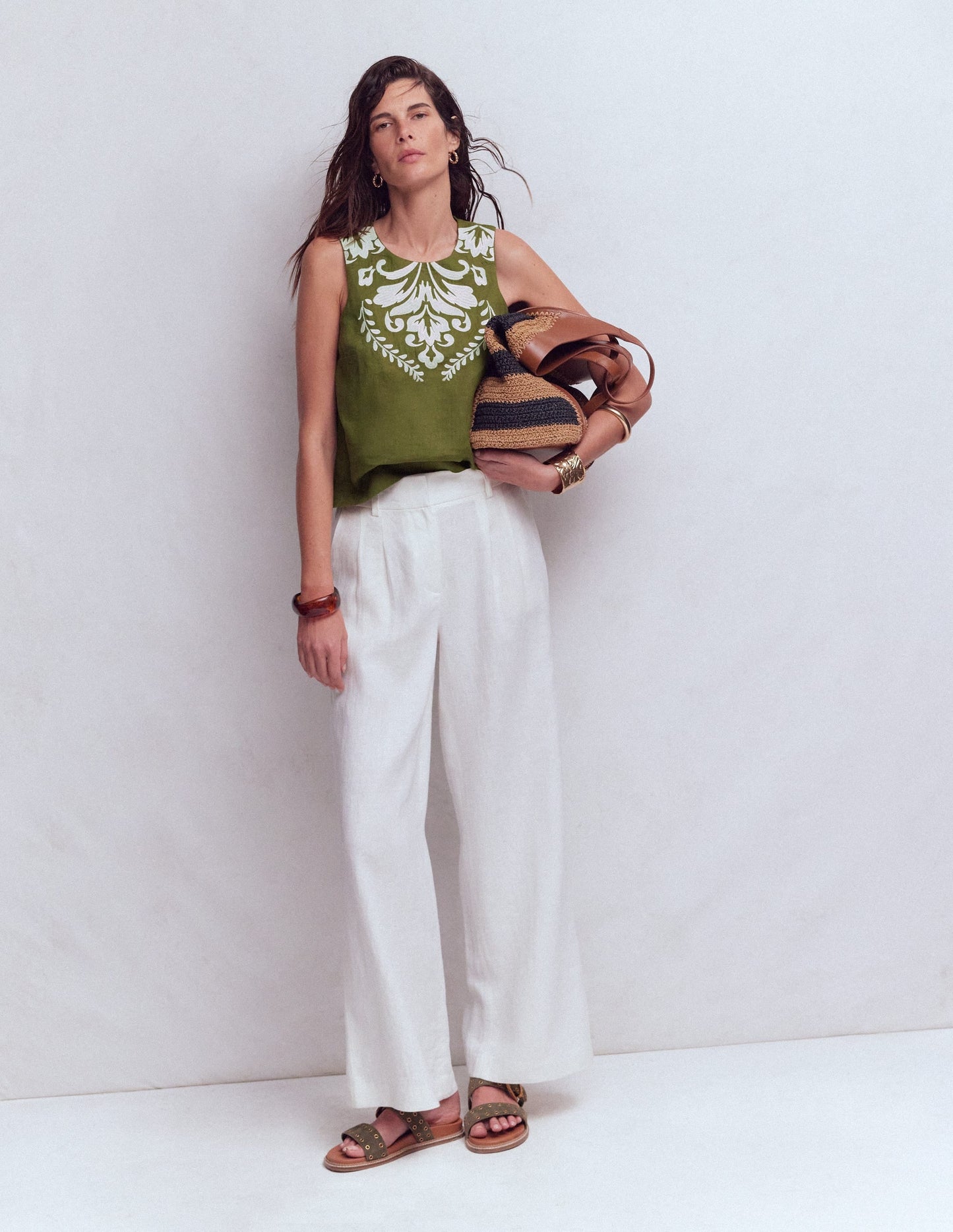 Sofia Embroidered Linen Top-Woodland Green