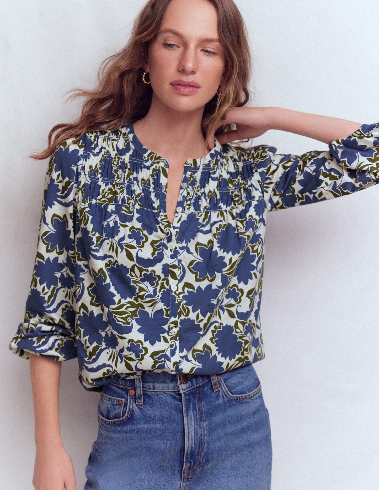 Mya Smocked Jersey Shirt-True Navy, Shadow Blossom