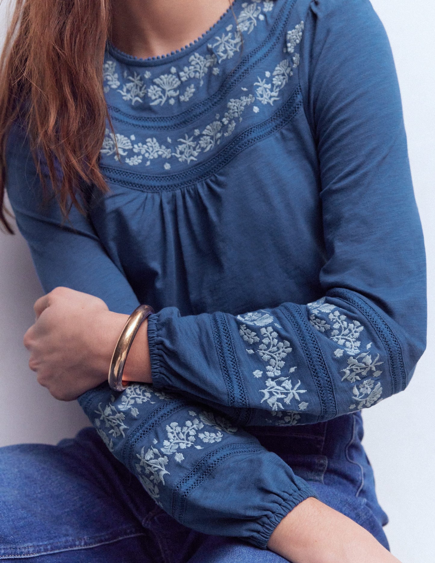 Rosie Embroidered Jersey Top-Denim Blue