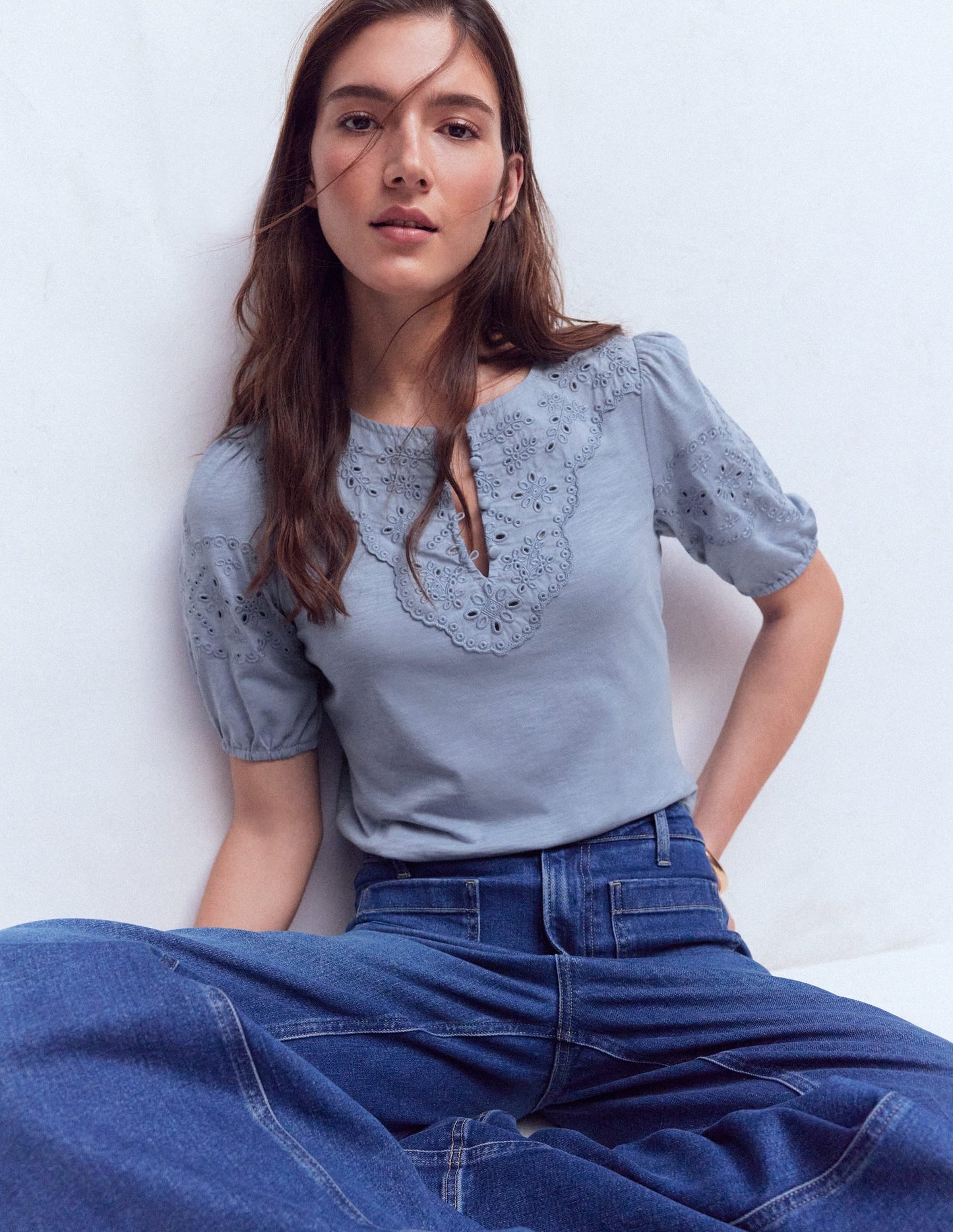 Ada Broderie Mix Top-French Blue