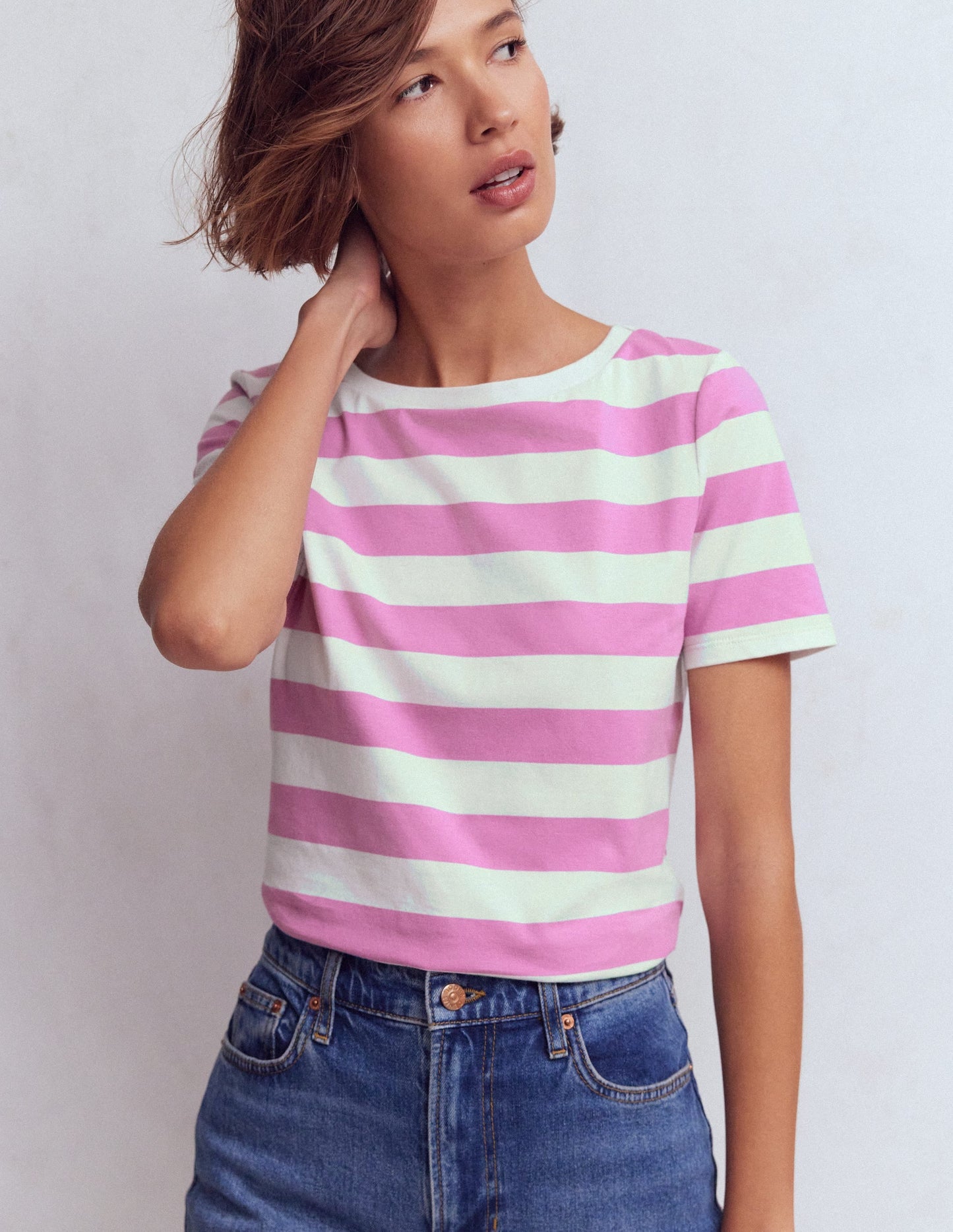 Olivia Short Sleeve Breton-Clover Purple and Ivory Stripe