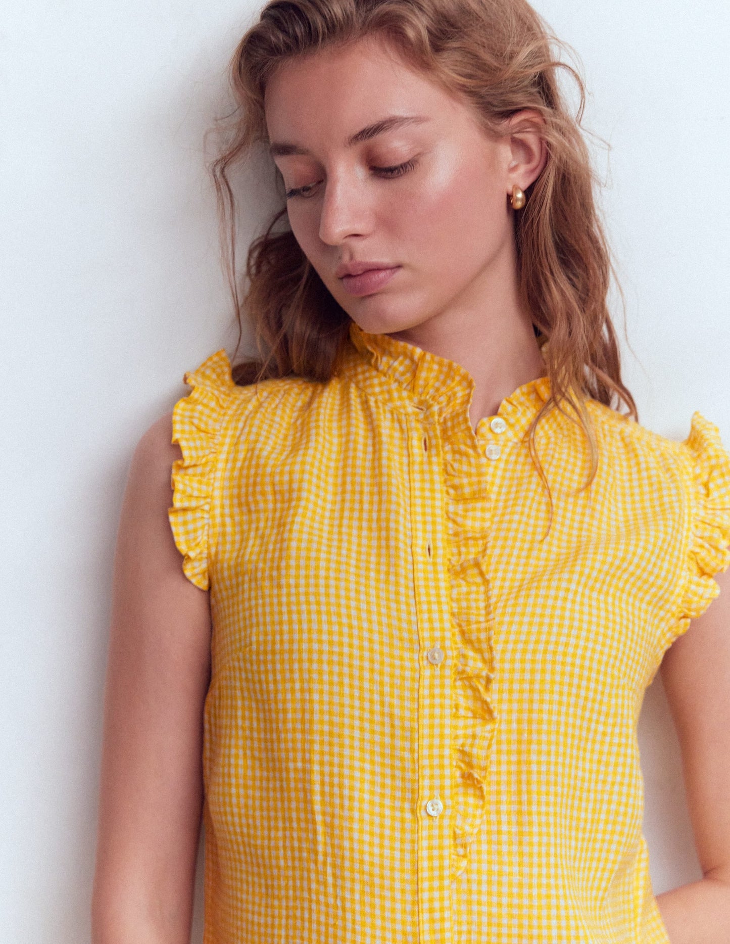 Isabel Sleeveless Linen Top-French Marigold Micro Gingham
