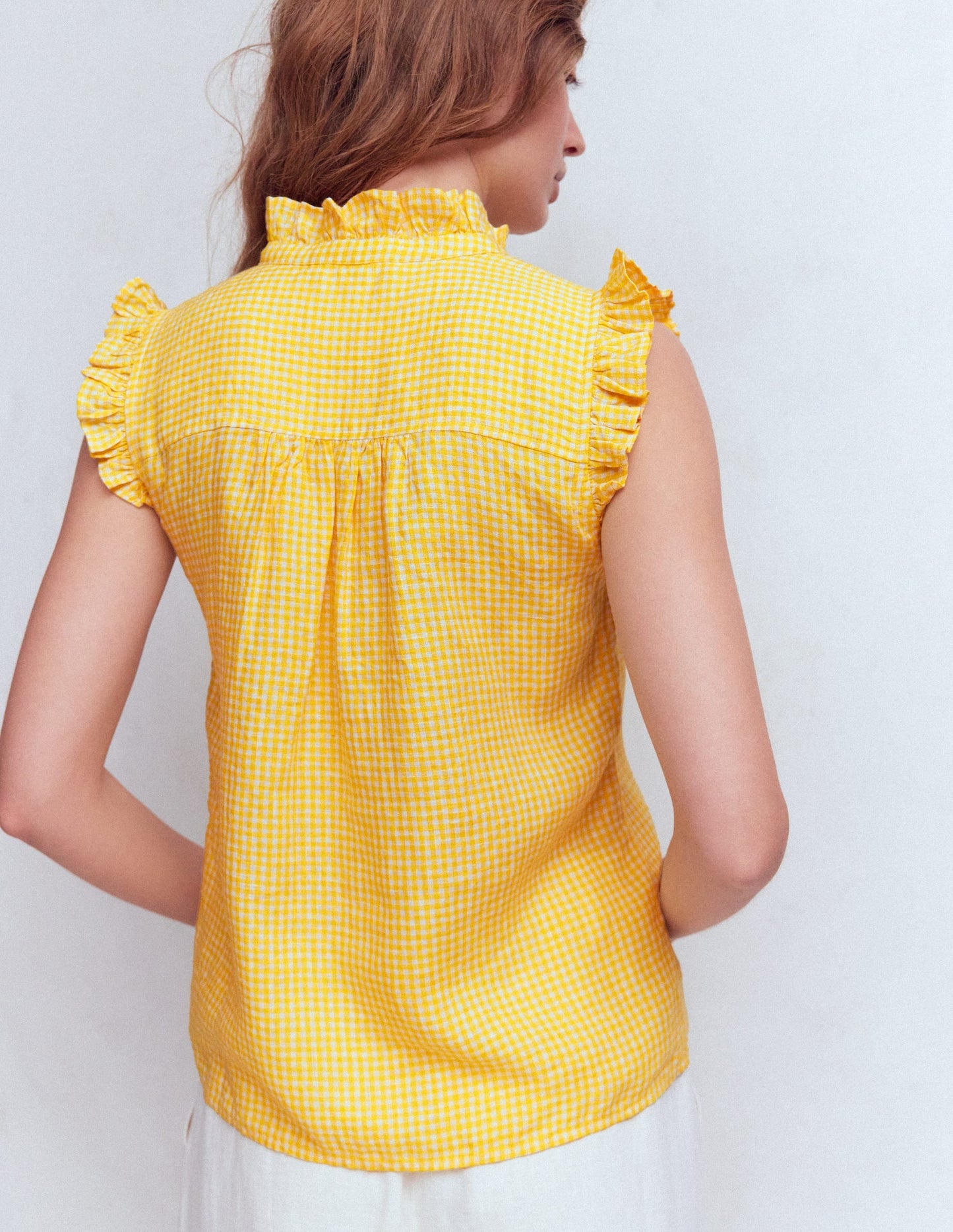 Isabel Sleeveless Linen Top-French Marigold Micro Gingham