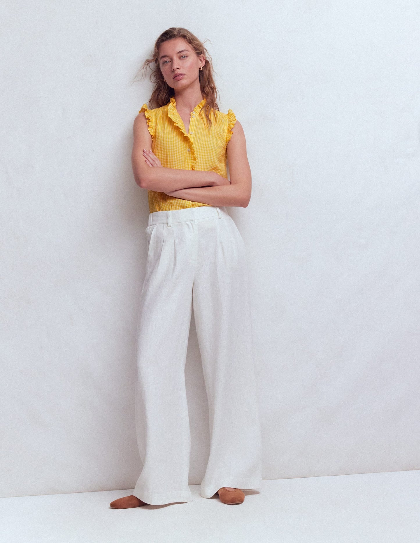 Isabel Sleeveless Linen Top-French Marigold Micro Gingham