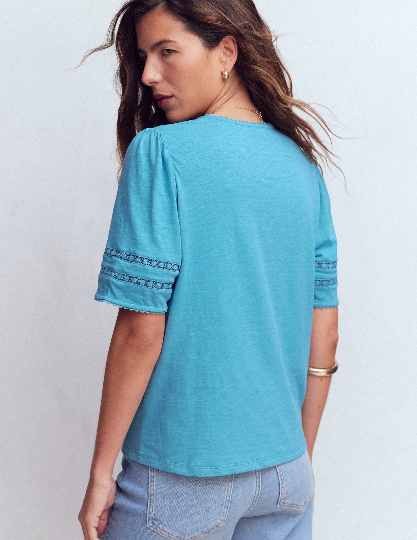 Poppy Trim V Neck T-Shirt-Duck Egg Blue