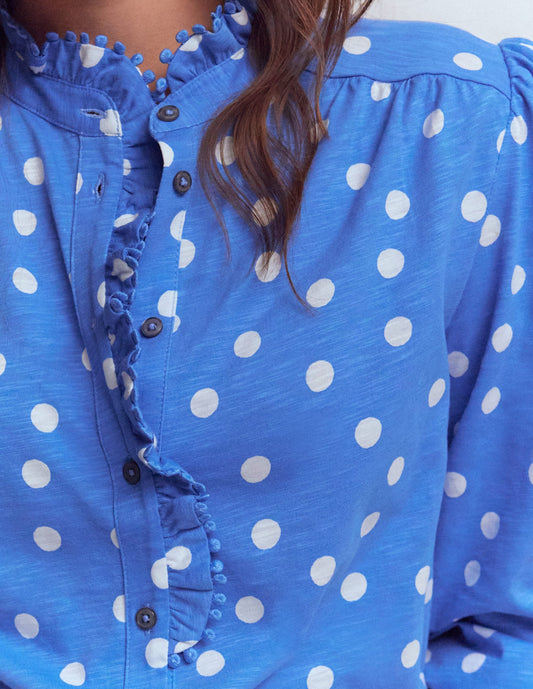 Emily Pom Trim Ruffle Shirt-Regatta, Painted Dot Spaced