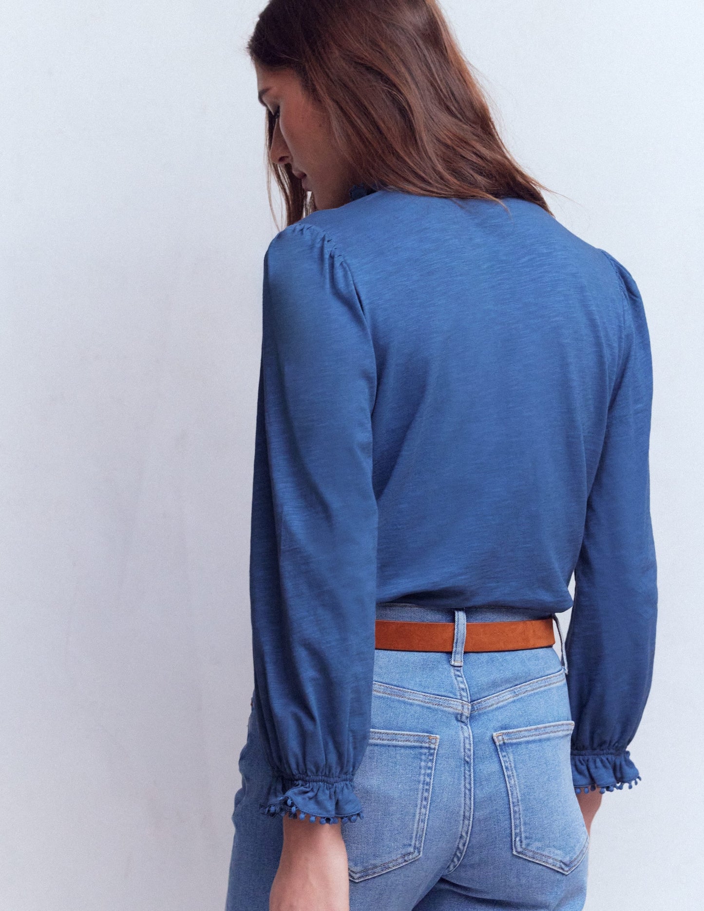 Emily Pom Trim Ruffle Shirt-Denim Blue