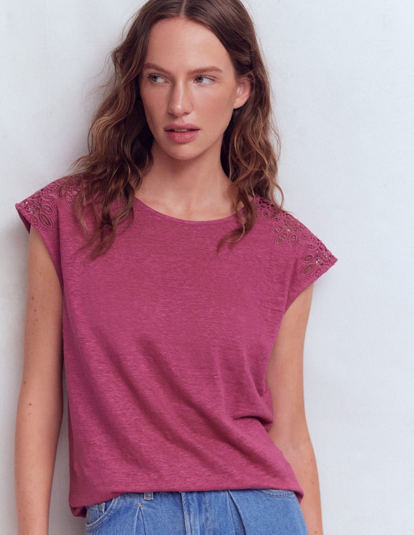 Tara Cutwork Linen Tee-Purple Damson