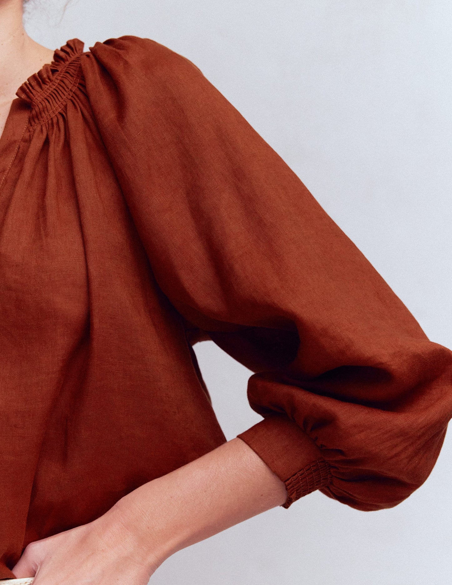 Serena Pleat Neck Linen Top-Burnt Henna