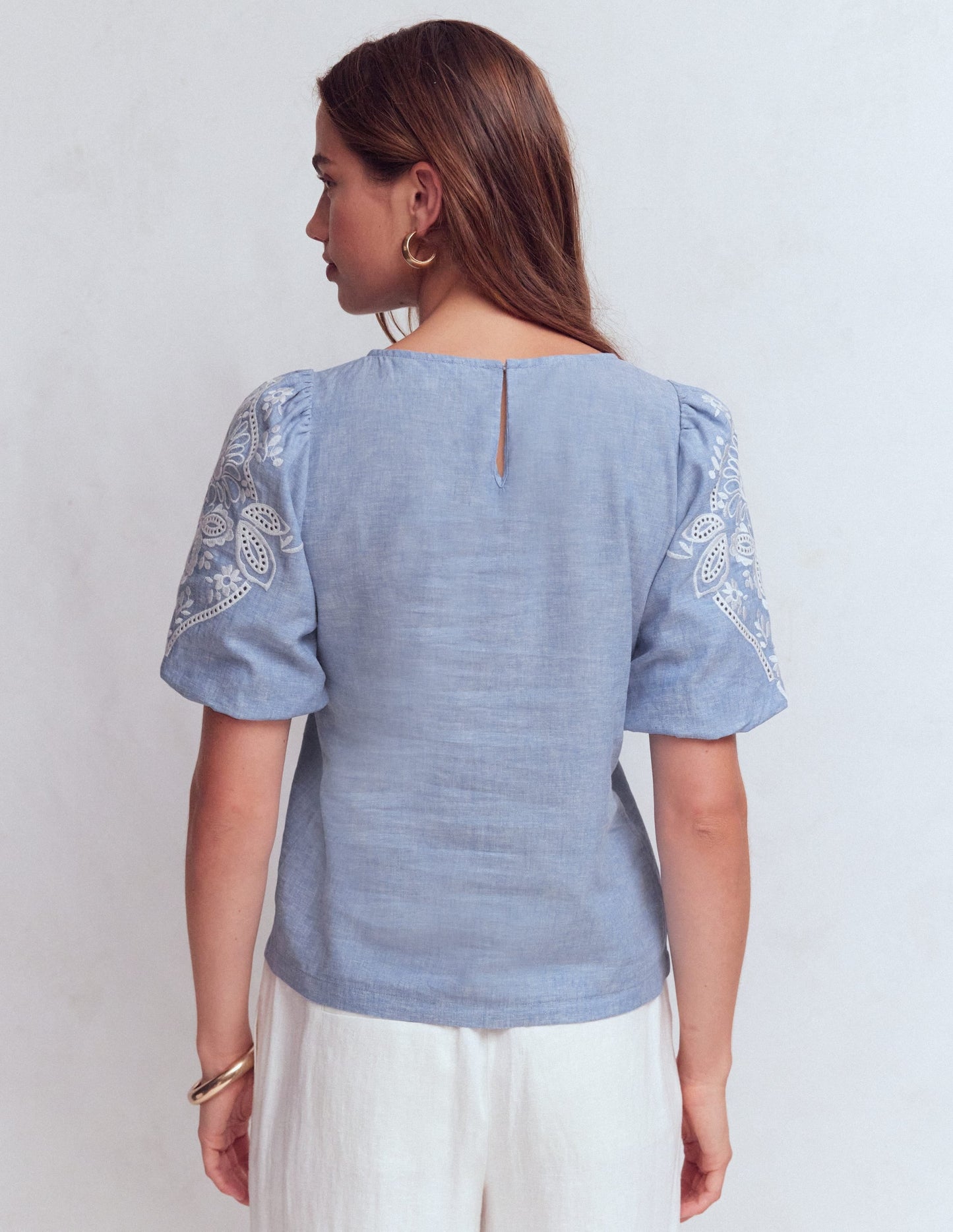 Linen Puff Sleeve Top-Chambray
