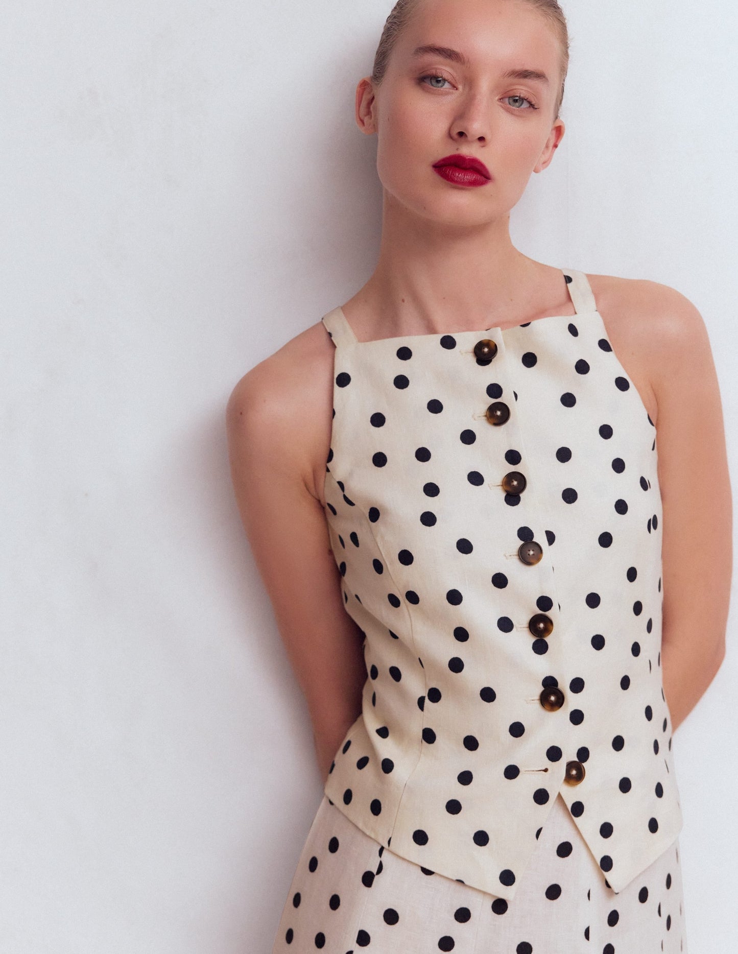 Square Neck Linen Waistcoat-Ivory, Painted Dot Spaced