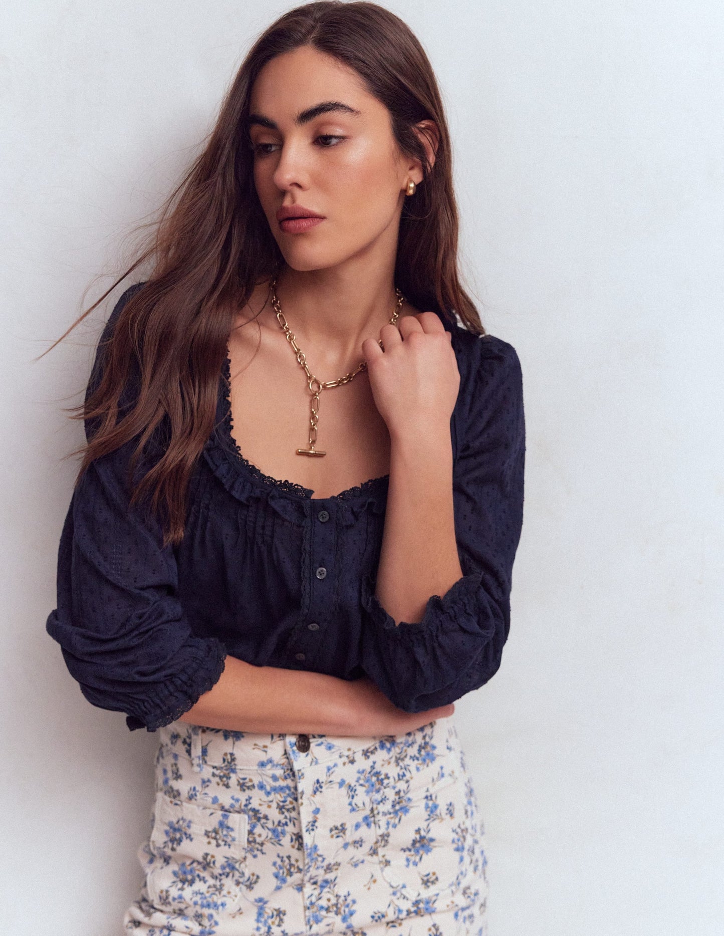Scoop Neck Ruffle Top-Navy