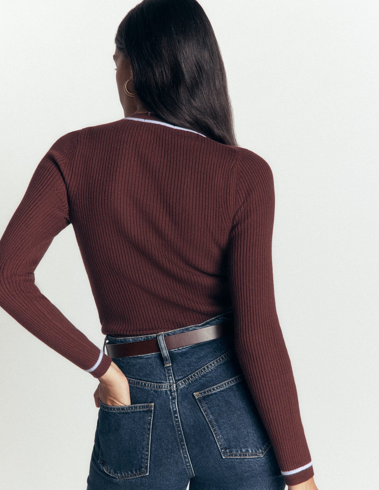 Paula Ribbed Crew Cardigan-Bitter Chocolate