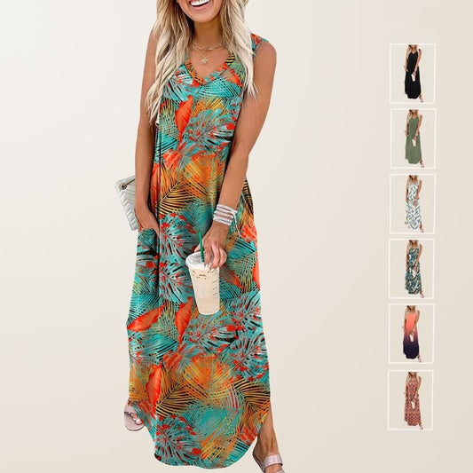 Sommerkleider Maxikleid Urlaub Strandkleider mit Taschen