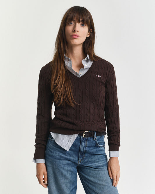 Stretch-Baumwoll-Zopfstrick-V-Pullover