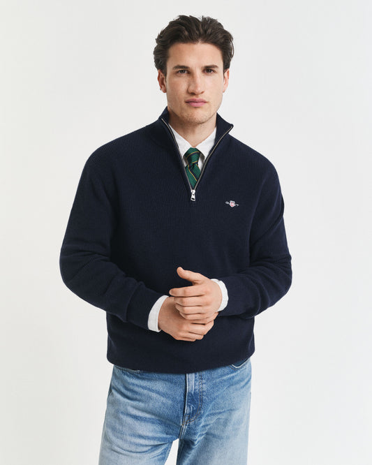 Gerippter Baumwoll-Merinowolle-Half-Zip-Pullover